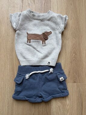 Rabbit + Bear - Adorable Baby Knit Puppy Sweater & Navy Shorts Set 0-3 Months